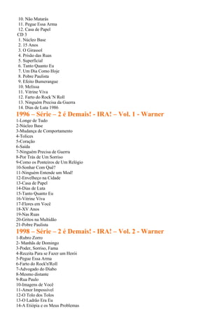 10. Não Matarás
11. Pegue Essa Arma
12. Casa de Papel
CD 3
1. Núcleo Base
2. 15 Anos
3. O Girassol
4. Prisão das Ruas
5. Superficial
6. Tanto Quanto Eu
7. Um Dia Como Hoje
8. Pobre Paulista
9. Efeito Bumerangue
10. Melissa
11. Vitrine Viva
12. Farto do Rock´N Roll
13. Ninguém Precisa da Guerra
14. Dias de Luta 1986
1996 – Série – 2 é Demais! - IRA! – Vol. 1 - Warner
1-Longe de Tudo
2-Núcleo Base
3-Mudança de Comportamento
4-Tolices
5-Coração
6-Saída
7-Ninguém Precisa de Guerra
8-Por Trás de Um Sorriso
9-Como os Ponteiros de Um Relógio
10-Sonhar Com Quê?
11-Ninguém Entende um Mod!
12-Envelheço na Cidade
13-Casa de Papel
14-Dias de Luta
15-Tanto Quanto Eu
16-Vitrine Viva
17-Flores em Você
18-XV Anos
19-Nas Ruas
20-Gritos na Multidão
21-Pobre Paulista
1998 – Série – 2 é Demais! - IRA! – Vol. 2 - Warner
1-Rubro Zorro
2- Manhãs de Domingo
3-Poder, Sorriso, Fama
4-Receita Para se Fazer um Herói
5-Pegue Essa Arma
6-Farto do Rock'n'Roll
7-Advogado do Diabo
8-Mesmo distante
9-Rua Paulo
10-Imagens de Você
11-Amor Impossível
12-O Tolo dos Tolos
13-O Ladrão Era Eu
14-A Etiópia e os Meus Problemas
 