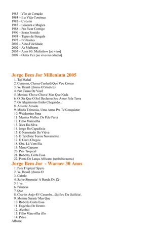 1983 – Vôo de Coração
1984 – E a Vida Continua
1985 – Circular
1987 – Loucura e Mágica
1988 – Pra Ficar Contigo
1990 – Sexto Sentido
1993 – Tigres de Bengala
1997 – Brilhantes
2002 – Auto-Fidelidade
2002 – As Melhores
2005 – Anos 80: Multishow [ao vivo]
2009 – Outra Vez [ao vivo no estúdio]




Jorge Bem Jor Millenium 2005
 1. Taj Mahal
 2. Curumin, Chama Cunhatã Que Vou Contar
 3. W/ Brasil (chama O Síndico)
 4. Por Causa De Você
 5. Menina/ Chove Chuva/ Mas Que Nada
 6. O Dia Que O Sol Declarou Seu Amor Pela Terra
 7. Os Alquimistas Estão Chegando...
 8. Amante Amado
 9. Minha Teimosia, Uma Arma Pra Te Conquistar
 10. Waldomiro Pena
 11. Menina Mulher Da Pele Preta
 12. Filho Maravilha
 13. Xica Da Silva
 14. Jorge Da Capadócia
 15. O Namorado Da Viúva
 16. O Telefone Tocou Novamente
 17. O Circo Chegou
 18. Oba, Lá Vem Ela
 19. Mano Caetano
 20. País Tropical
 21. Roberto, Corta Essa
 22. Ponta De Lança Africano (umbabarauma)
Jorge Bem Jor - Warner 30 Anos
 1. País Tropical/ Spyro
 2. W/ Brasil (chama O
 3. Cabelo
 4. Salve Simpatia/ A Banda Do Zé
 5. I´ve
 6. Princesa
 7. Que
 8. Charles Anjo 45/ Caramba...Galileu Da Galiléia/.
 9. Menina Sarará/ Mas Que
 10. Roberto Corta Essa
 11. Engenho De Dentro
 12. Alcohol
 13. Filho Maravilha (fio
 14. Palco
Álbuns:
 