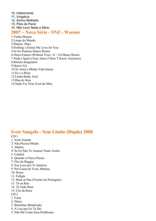 10. Infelizmente
11. Vingativa
12. Sonho Molhado
13. Pára de Parar
14. Não Levo Nada a Sério
2007 – Nova Série - SNZ - Warner
1.Venha Dançar
2.Longe do Mundo
3.Dancin´ Days
4.Nothing´s Gonna My Love for You
5.Se Eu Pudesse-Dance Remix
6.Outra Chance (Without You) - G - Vô Dance Remix
7.Nada é Igual a Esse Amor (I Don´T Know Anymore)
8.Retrato Imaginário
9.Quero Ver
10.Te Amei a Minha Vida Inteira
11.Eu e a Brisa
12.Lindo Balão Azul
13.Dna do Som
14.Nada Vai Tirar Você de Mim




Ivete Sangalo - Sem Limite (Duplo) 2008
CD 1
1. Sorte Grande
2. Não Precisa Mudar
3. Abalou
4. Se Eu Não Te Amasse Tanto Assim
5. Canibal
6. Quando a Chuva Passar
7. Flor do Reggae
8. Soy Loco por Ti América
9. Por Causa de Você, Menina
10. Penso
11. Fullgás
12. Back at One (Versão em Português)
13. Tô na Rua
14. Tá Tudo Bem
15. Céu da Boca
CD 2
1. Festa
2. Deixo
3. Berimbau Metalizado
4. A Lua que Eu Te Dei
5. Não Me Conte Seus Problemas
 
