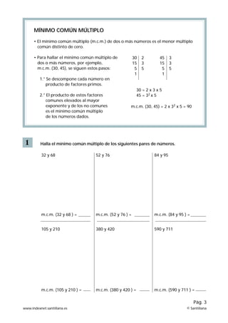 MÍNIMO COMÚN MÚLTIPLO

      • El mínimo común múltiplo (m.c.m.) de dos o más números es el menor múltiplo
        común distinto de cero.

      • Para hallar el mínimo común múltiplo de            30   2        45     3
        dos o más números, por ejemplo,                    15   3        15     3
        m.c.m. (30, 45), se siguen estos pasos:             5   5         5     5
                                                            1             1
         1.° Se descompone cada número en
             producto de factores primos.
                                                             30 = 2 x 3 x 5
         2.° El producto de estos factores                   45 = 32 x 5
             comunes elevados al mayor
             exponente y de los no comunes             m.c.m. (30, 45) = 2 x 32 x 5 = 90
             es el mínimo común múltiplo
             de los números dados.




 1        Halla el mínimo común múltiplo de los siguientes pares de números.

          32 y 68                    52 y 76                          84 y 95




          m.c.m. (32 y 68 ) =        m.c.m. (52 y 76 ) =              m.c.m. (84 y 95 ) =


          105 y 210                  380 y 420                        590 y 711




          m.c.m. (105 y 210 ) =      m.c.m. (380 y 420 ) =            m.c.m. (590 y 711 ) =

                                                                                            Pág. 3
www.indexnet.santillana.es                                                             © Santillana
 