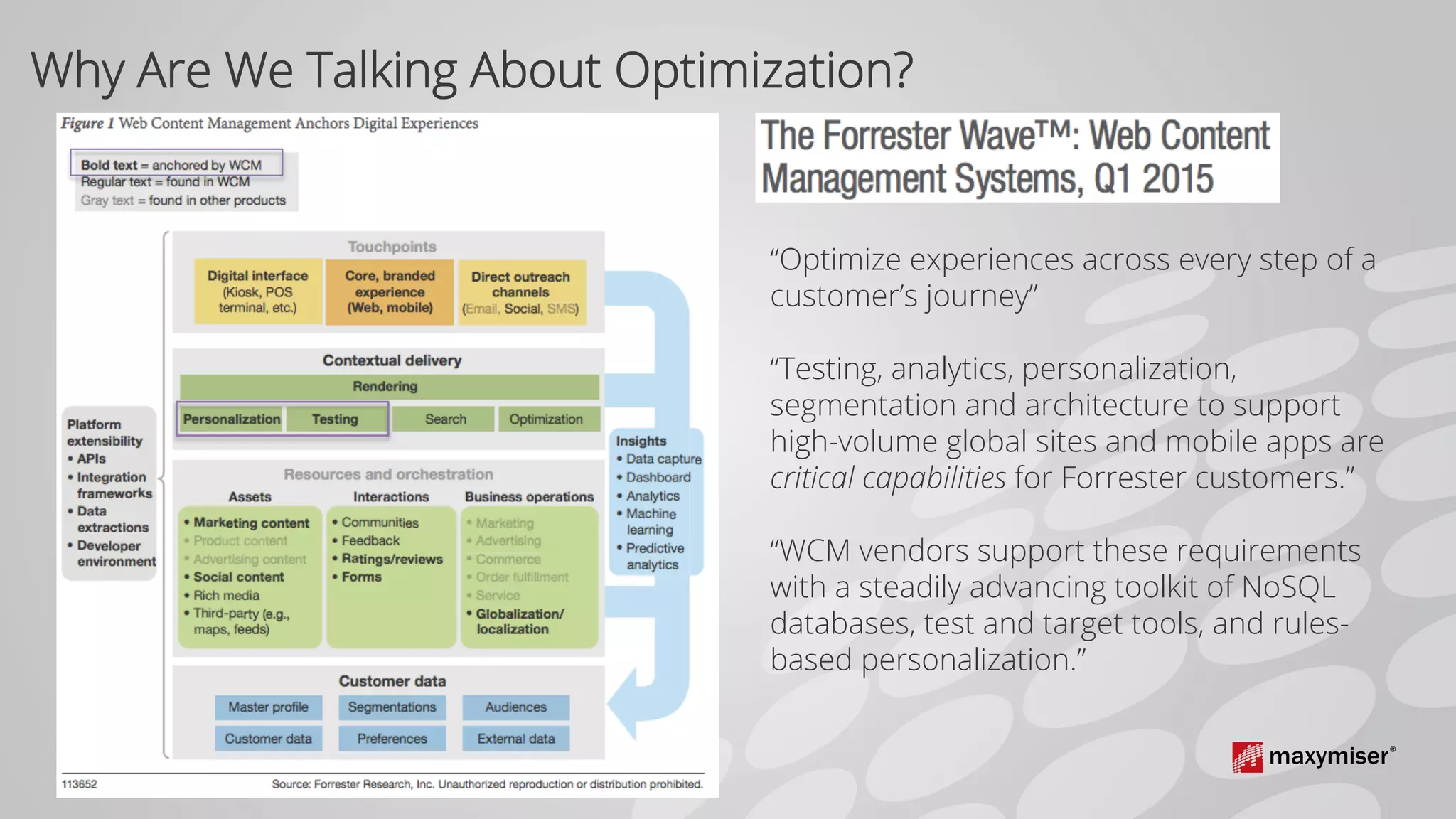 “Optimize experiences across every step of a
customer’s journey”
“Testing, analytics, personalization,
segmentation and architecture to support
high-volume global sites and mobile apps are
critical capabilities for Forrester customers.”
“WCM vendors support these requirements
with a steadily advancing toolkit of NoSQL
databases, test and target tools, and rules-
based personalization.”
Why Are We Talking About Optimization?
 