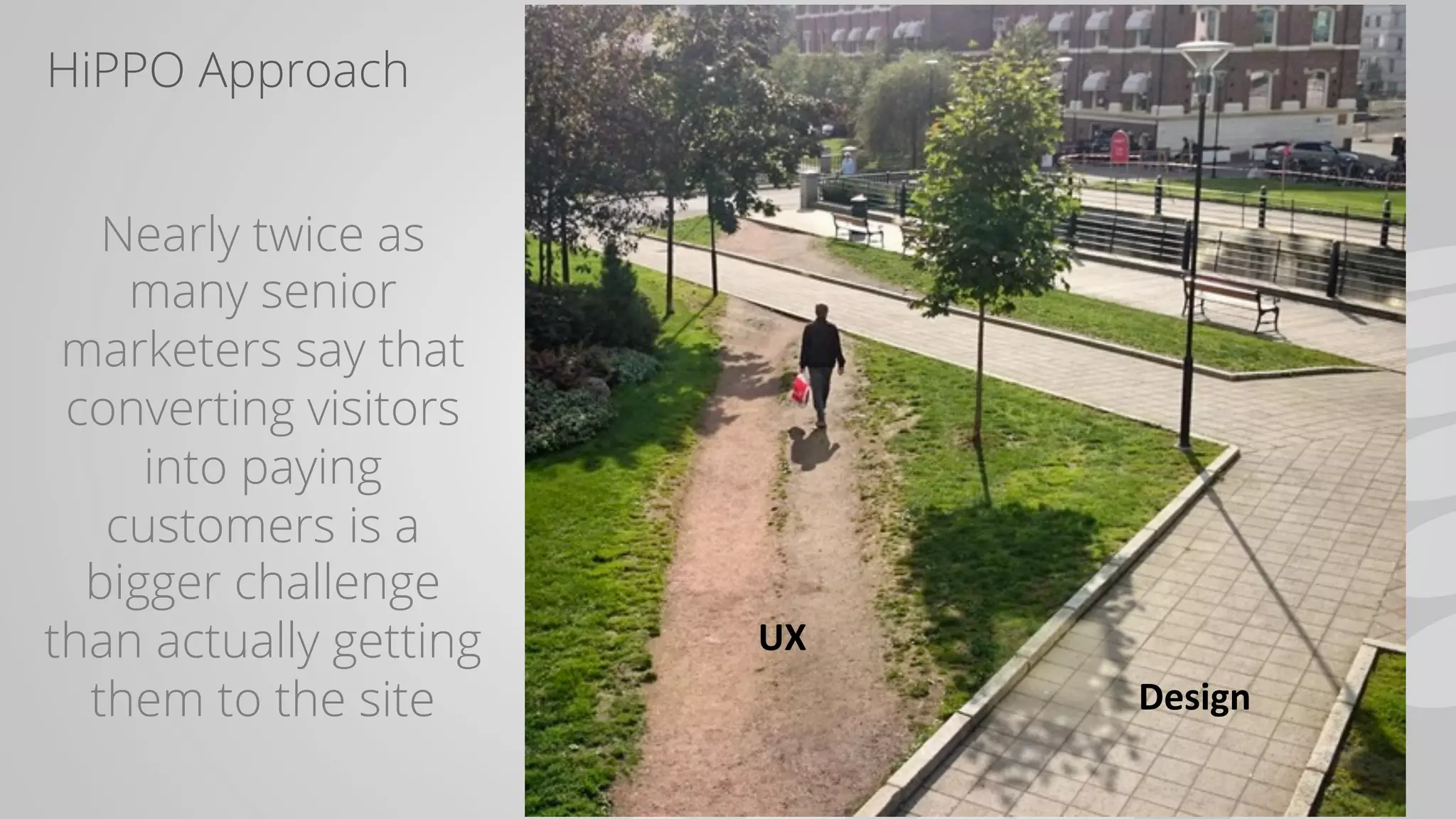 HiPPO Approach		
Design	
UX	
Nearly twice as
many senior
marketers say that
converting visitors
into paying
customers is a
bigger challenge
than actually getting
them to the site
 
