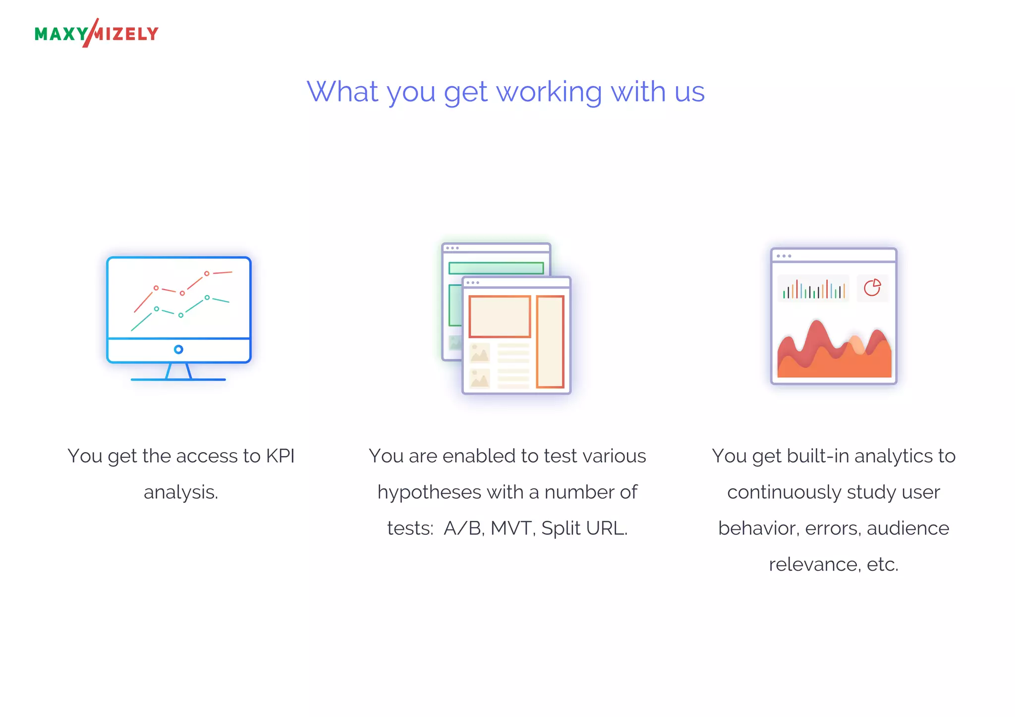 What you get working with us
You get the access to KPI
analysis.
You are enabled to test various
hypotheses with a number of
tests: A/B, MVT, Split URL.
You get built-in analytics to
continuously study user
behavior, errors, audience
relevance, etc.
 
