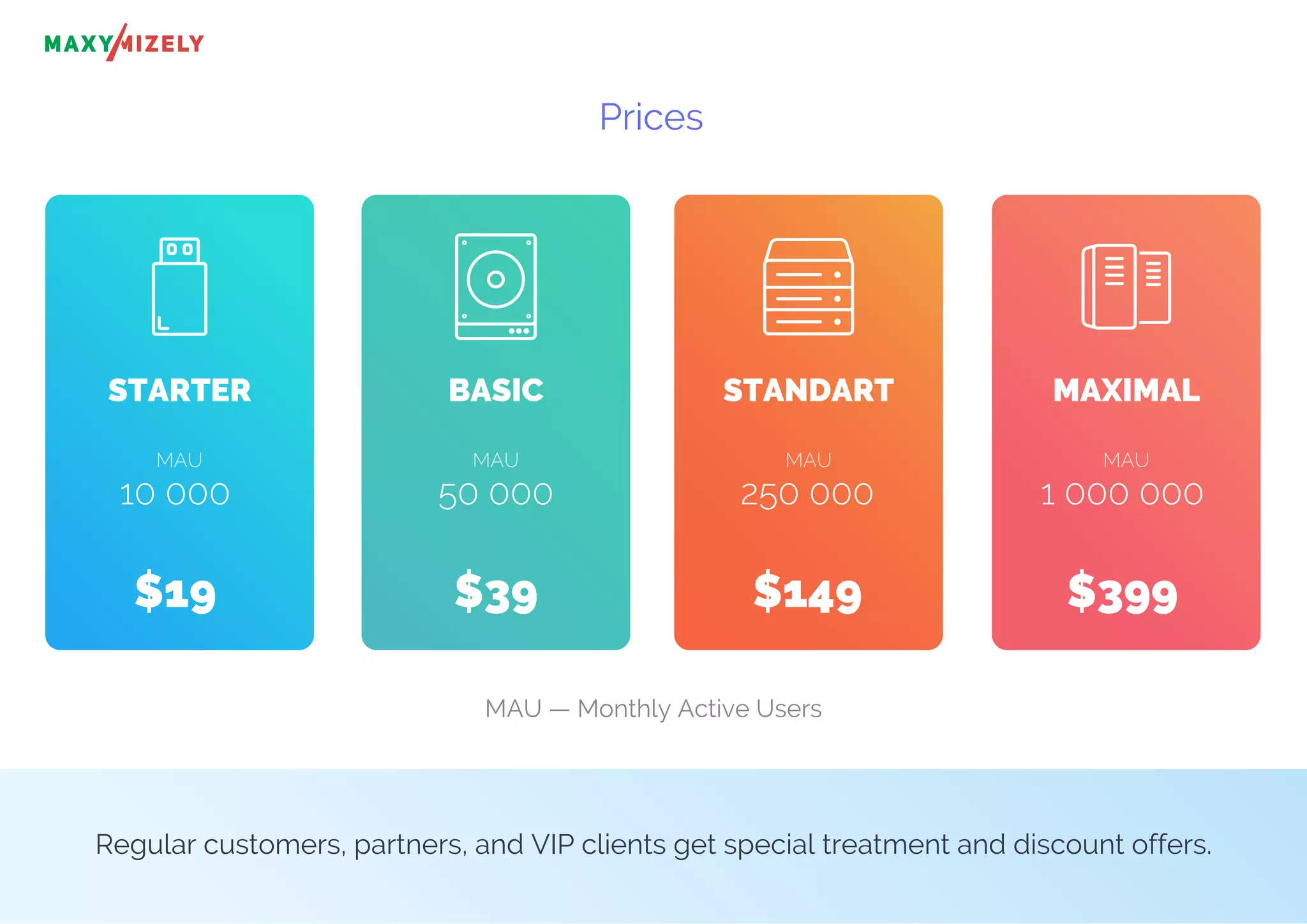 Prices
Regular customers, partners, and VIP clients get special treatment and discount offers.
MAU — Monthly Active Users
STARTER BASIC STANDART MAXIMAL
$19 $39 $149 $399
10 000 50 000 250 000 1 000 000
MAU MAU MAU MAU
 