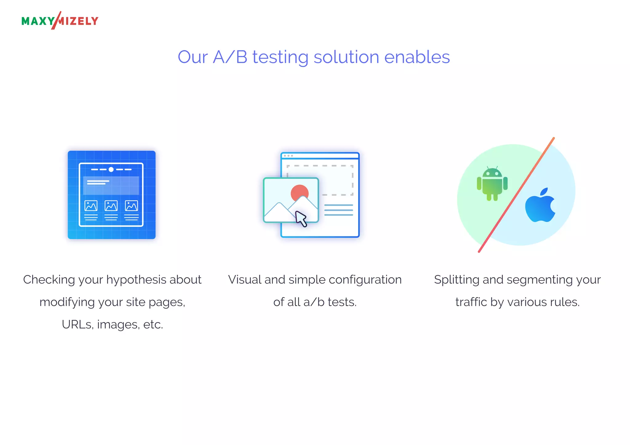 Our A/B testing solution enables
Checking your hypothesis about
modifying your site pages,
URLs, images, etc.
Visual and simple configuration
of all a/b tests.
Splitting and segmenting your
traffic by various rules.
 