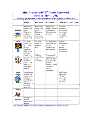 Mrs. Arnaoutakis’ 2nd Grade Homework
                    Week of May 1, 2012
  “Berkeley puts people in the world who make a positive difference.”
             MONDAY           TUESDAY        WEDNESDAY          THURSDAY         WEEKEND

             Read for 20      Read for 20    Read for 20        Read and
             minutes and      minutes and    minutes and put    record your
 Reading     record           record         Wednesday’s        time on your
             Monday’s         Tuesday’s      information on     log. Return it
             reading          reading        your log.          on Monday
             information      information                       with the time
             on your log.     on your log.                      totaled.

   Math      Do Math          Do Math        Do Math Home       Do Math
             Home Links       Home Links     Links 11.6 and     Home Links
             p. 11.3 and      11.4 and       practice           11.7 and
             practice         11.5.          XtraMath on        practice
             XtraMath                        the computer.      XtraMath on
             facts on the                                       the computer.
             computer.
             Neatly cut       Make the       Write a good
 Spelling    and paste the    words plural   paragraph about
             pictures to      on the         a Wordly Wise
             match the        worksheet.     word using the
             clues. Then                     planner.
             write ‘s to                     Include a catchy
             show who                        title and a
             owns it.                        colorful
                                             illustration.
   Social    Begin putting                                      Read Wordly
  Studies    together the                                       Wise p. 111-
             costume you                                        112 and
             will wear to                                       answer the
             look like your                                     odd number
             famous                                             questions.
             American. It
             is due on
             May 16th.
  Science



             Study your
  Spanish    Spanish
             words on the
             website.
http://www.school.berkeleyprep.org/lower/llinks/spanlinks/Spanish2nd.htm
 