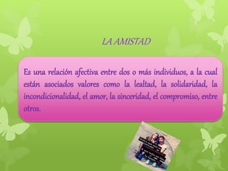 LA AMISTAD 
Es una relación afectiva entre dos o más individuos, a la cual 
están asociados valores como la lealtad, la solidaridad, la 
incondicionalidad, el amor, la sinceridad, el compromiso, entre 
otros. 
 