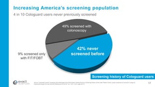 Increasing America’s screening population
49% screened with
colonoscopy
Screening history of Cologuard users
42% never
screened before
Source: Colorectal Cancer Screening with Multi-target stool DNA-based Testing Previous Screening History of the Initial Patient Cohort, poster presented at American College of
Gastroenterology's Annual Scientific Meeting (ACG 2015), Oct. 16-21, 2015; ages 50-74
9% screened only
with FIT/FOBT
4 in 10 Cologuard users never previously screened
17
 