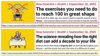 https://www.newscientist.com/article/2494852-the-exercises-you-need-to-do-to-reach-100-in-great-shape/
https://www.newscientist.com/article/2494953-the-science-revealing-how-the-right-diet-can-add-a-decade-to-your-life/
The exercises you need to do
to reach 100 in great shape
To be truly fit in older age, you need to work on specific aspects of your
fitness – and research shows that it’s never too late to reap the benefits
The science revealing how the right
diet can add a decade to your life
Evidenceshowsthateatinga longevitydiet candramaticallylengthenyour
lifespan – and the sooner you start, the more of a difference it makes
 