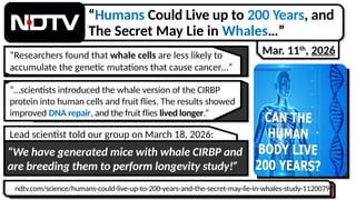 “Humans Could Live up to 200 Years, and
The Secret May Lie in Whales…”
ndtv.com/science/humans-could-live-up-to-200-years-and-the-secret-may-lie-in-whales-study-11200797
“Researchers found that whale cells are less likely to
accumulate the genetic mutations that cause cancer…”
“…scientists introduced the whale version of the CIRBP
protein into human cells and fruit flies. The results showed
improved DNA repair, and the fruit flies lived longer.”
“We have generated mice with whale CIRBP and
are breeding them to perform longevity study!”
Lead scientist told our group on March 18, 2026:
Mar. 11th
, 2026
 