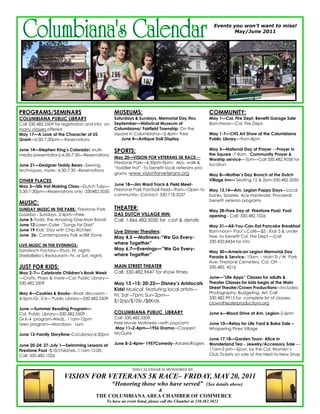 Events you won’t want to miss!
                                                                                                                    May/June 2011




PROGRAMS/SEMINARS                                   MUSEUMS:                                              COMMUNITY:
COLUMBIANA PUBLIC LIBRARY                           Saturdays & Sundays, Memorial Day thru                May 1—Col. Fire Dept. Benefit Garage Sale
Call 330.482.5509 for registration and info on      September—Historical Museum of                        8am-Noon—Col. Fire Dept.
many classes offered                                Columbiana/ Fairfield Township; On the
May 17—A Look at the Character of US                square in Columbiana—2-4pm– Free                      May 1-7—CHS Art Show at the Columbiana
Grant—6:30-7:30pm— Reservations                        June 4—Antique Doll Display                        Public Library—9am-8pm

June 14—Stephen King’s Colorado( multi-             SPORTS:                                               May 5—National Day of Prayer —Prayer in
media presentation)-6:30-7:30—Reservations                                                                the Square -7-8am ; Community Prayer &
                                                    May 20—VISION FOR VETERANS 5K RACE—                   Worship service—7pm—Call 330.482.9058 for
                                                    Firestone Park—4:30pm-9pm– Also, walk &               location
June 21—Designer Teddy Bears –Sewing
                                                    ―toddler trot‖ -To benefit local veterans pro-
techniques; more– 6:30-7:30 –Reservations
                                                    grams -www.visionforveterans.org                      May 8—Mother’s Day Brunch at the Dutch
OTHER PLACES                                                                                              Village Inn— Seating 12 & 2pm-330.482.5050
May 3—Silk Hat Making Class—Dutch Tulip—            June 18—Jim Ward Track & Field Meet-
5:30-7:30pm—Reservations only -330482.5050          Firestone Park Football Field—9am—Open to             May 13,14—Am. Legion Poppy Days—Local
                                                    community– Contact: 330.718.3237                      banks, Sparkle, Ace Hardware; Proceeds
                                                                                                          benefit veteran programs
MUSIC:
SUNDAY MUSIC IN THE PARK: Firestone Park            THEATER:                                              May 28–Free Day at Firestone Pool/ Pool
Gazebo - Sundays, 2-4pm—Free                        DAS DUTCH VILLAGE INN:                                opening - Call: 330.482.1026
June 5-Todd, the Amazing One-Man Band!              Call: 1.866.482.5050 for cost & details
June 12-Loren Coler -‖Songs for Dad‖                                                                      May 31—All-You-Can-Eat Pancake Breakfast
June 19-Kids’ Day with Chip Richter!                Live Dinner Theaters:                                 8am-noon– Paul’s Café—$5 ; Kids 5 & under
June 26– Contemporary Folk w/Bill Stone                                                                   free -to benefit Col. Fire Dept.—Call
                                                    May 4,5 —Matinees-―We Go Every-
                                                    where Together‖                                       330.420.8434 for info
LIVE MUSIC IN THE EVENINGS-
Sandwich Factory—Thurs, Fri. nights                 May 6,7—Evenings—‖We Go Every-
                                                                                                          May 30—American Legion Memorial Day
ShellaBella’s Restaurant– Fri. or Sat. nights       where Together‖                                       Parade & Service- 10am - Main St./ W. Park
                                                                                                          Ave; Firestone Cemetery, Col. OH -
JUST FOR KIDS:                                      MAIN STREET THEATER                                   330.482. 4216
May 2-7— Celebrate Children’s Book Week             Call: 330.482.9647 for show times
—Crafts, Prizes & more—Col. Public Library—                                                               June—‖Life Apps‖ Classes for adults &
330.482.5509                                        May 13 –15; 20-22— Disney’s Aristocats                Theater Classes for kids begin at the Main
                                                    Kids! Musical featuring local artists—                Street Theater/Crown Productions—Includes:
May 4—Cookies & Books—Book discussion -                                                                   Photography; Budgeting; Art; Call
                                                    Fri, Sat –7pm; Sun-2pm—
4-5pm-Gr. 3-5— Public Library—330.482.5509                                                                330.482.9915 for complete list of classes;
                                                    $12pp/$10Sr./$8Kids                                   crowntheaterproductions.org
June —Summer Reading Program—
Col. Public Library—330.482.5509                    COLUMBIANA PUBLIC LIBRARY                             June 6—Blood Drive at Am. Legion-2-6pm
Gr.K-4 program-Weds., 11am-12pm                     Call: 330.482.5509
Teen program—Mondays- 1pm                           Free Movie Matinees—with popcorn!                     June 10—Relay for Life Yard & Bake Sale –
                                                     May 11–2-4pm—1956 Drama—Cooper/                      Whispering Pines Village
June 13-Family Storytime-Col.Library-6:30pm         McGuire
                                                                                                          June 17,18—Garden Tours- Alice in
June 20-24; 27-July 1—Swimming Lessons at           June 8-2-4pm– 1957Comedy–Astaire/Rogers               Wonderland Tea - Jewelry/Accessory Sale —
Firestone Pool -$10/child/wk.;11am-12:00;                                                                 11am-3 pm—Spon. by the Col. Women’s
Call: 330.482.1026                                                                                        Club.Tickets on sale at the Next-to-New Shop


                                                              THIS CALENDAR IS SPONSORED BY:

                        VISION FOR VETERANS 5K RACE– FRIDAY, MAY 20, 2011
                                                  “Honoring those who have served” (See details above)
                                                                             &
                                         THE COLUMBIANA AREA CHAMBER OF COMMERCE
                                                To have an event listed, please call the Chamber at 330.482.3822
 