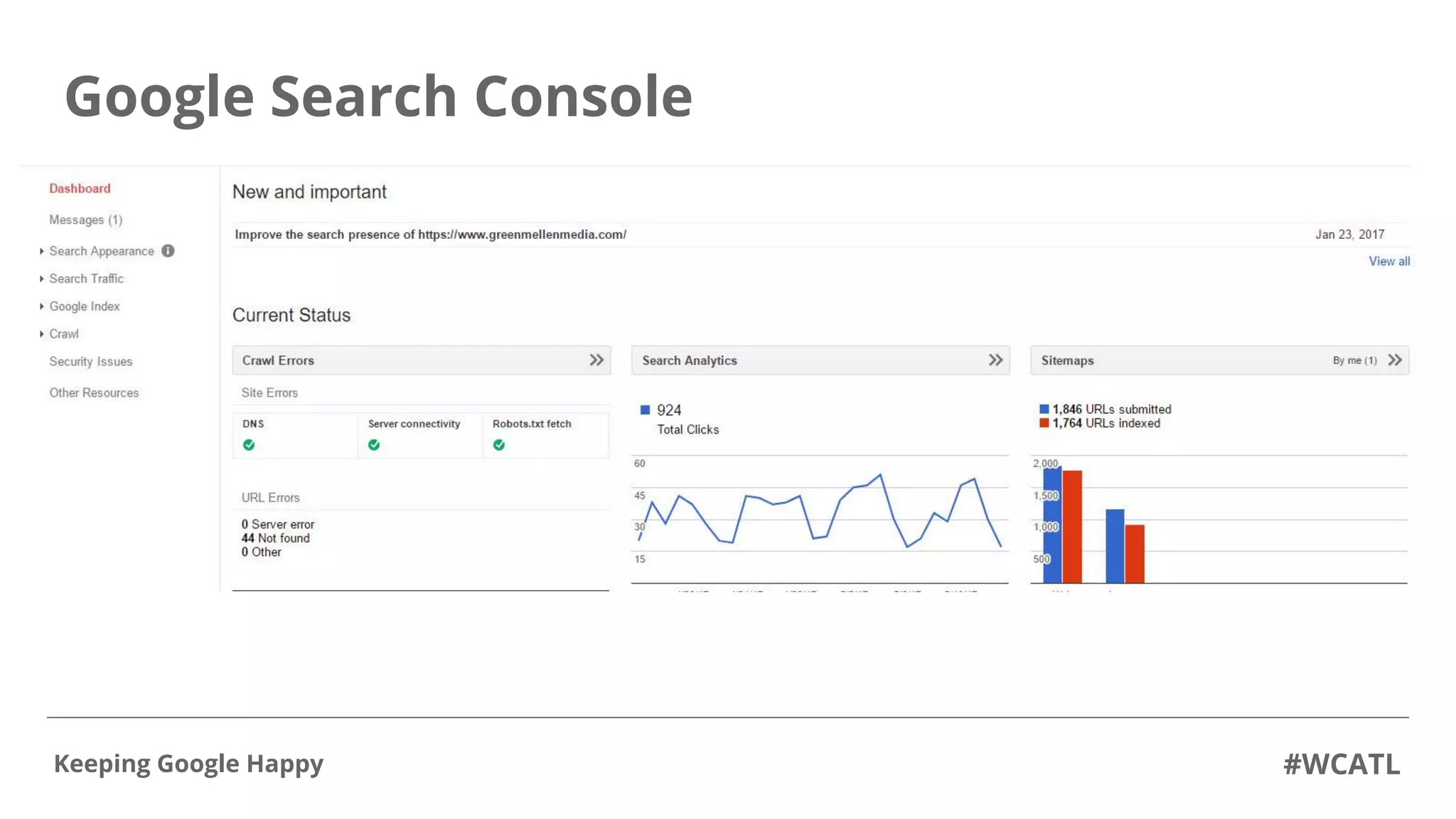 Google Search Console
#WCATLKeeping Google Happy
 