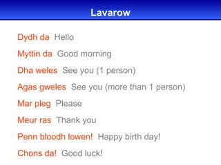 Lavarow

Dydh da Hello
Myttin da Good morning
Dha weles See you (1 person)
Agas gweles See you (more than 1 person)
Mar pleg Please
Meur ras Thank you
Penn bloodh lowen! Happy birth day!
Chons da! Good luck!
 