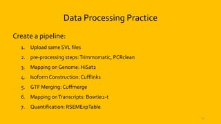 18
Data Processing Practice
Create a pipeline:
1. Upload same SVL files
2. pre-processing steps:Trimmomatic, PCRclean
3. Mapping on Genome: HiSat2
4. IsoformConstruction: Cufflinks
5. GTF Merging: Cuffmerge
6. Mapping onTranscripts: Bowtie2-t
7. Quantification: RSEMExpTable
 