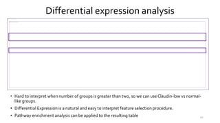 • Hard to interpret when number of groups is greater than two, so we can use Claudin-low vs normal-
like groups.
• Differential Expression is a natural and easy to interpret feature selection procedure.
• Pathway enrichment analysis can be applied to the resulting table 62
Differential expression analysis
 