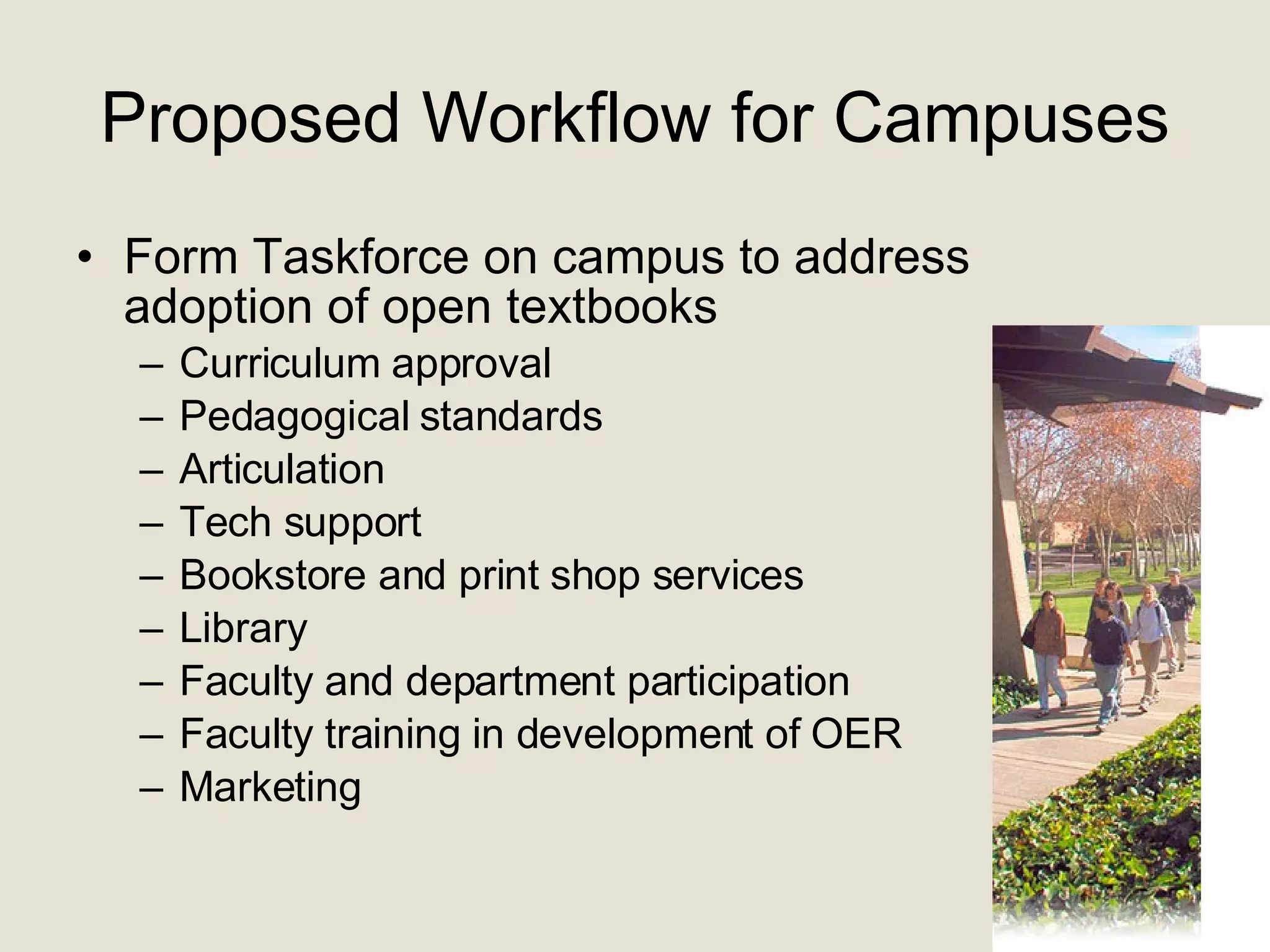 Proposed Workflow for Campuses Form Taskforce on campus to address  adoption of open textbooks Curriculum approval Pedagogical standards Articulation Tech support Bookstore and print shop services  Library Faculty and department participation Faculty training in development of OER Marketing 