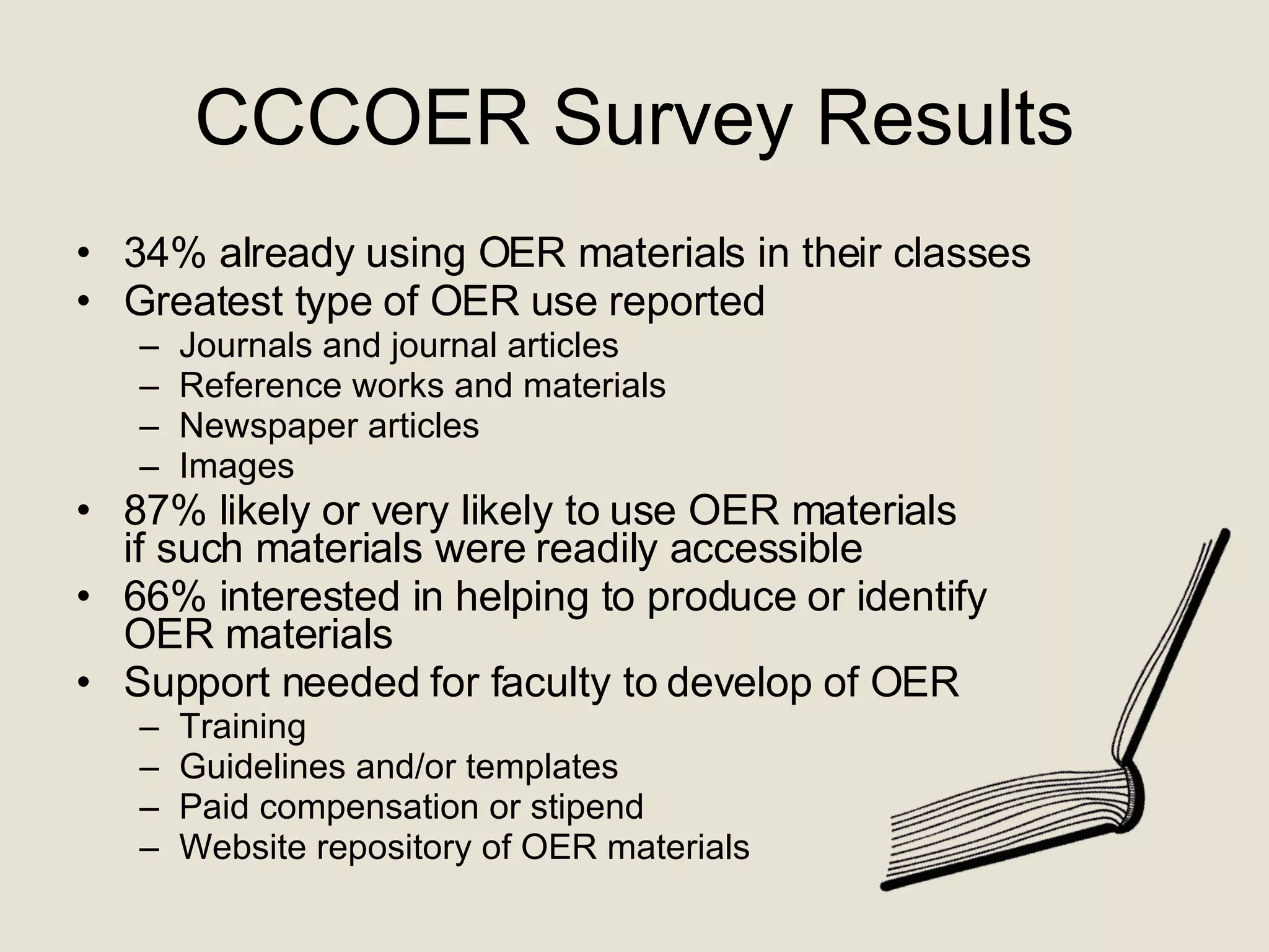 CCCOER Survey Results 34% already using OER materials in their classes Greatest type of OER use reported Journals and journal articles Reference works and materials Newspaper articles Images 87% likely or very likely to use OER materials  if such materials were readily accessible 66% interested in helping to produce or identify  OER materials Support needed for faculty to develop of OER Training Guidelines and/or templates Paid compensation or stipend Website repository of OER materials 