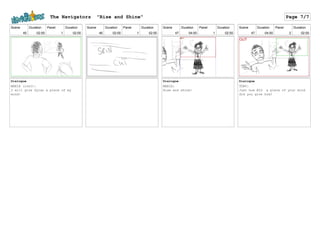 Scene
45
Duration
02:00
Panel
1
Duration
02:00
Dialogue
MARIA (cont):
I will give Dylan a piece of my
mind!
Scene
46
Duration
02:00
Panel
1
Duration
02:00
Scene
47
Duration
04:00
Panel
1
Duration
02:00
Dialogue
MARIA:
Rise and shine!
Scene
47
Duration
04:00
Panel
2
Duration
02:00
Dialogue
TONY:
Just how BIG a piece of your mind
did you give him?
The Navigators "Rise and Shine" Page 7/7
 