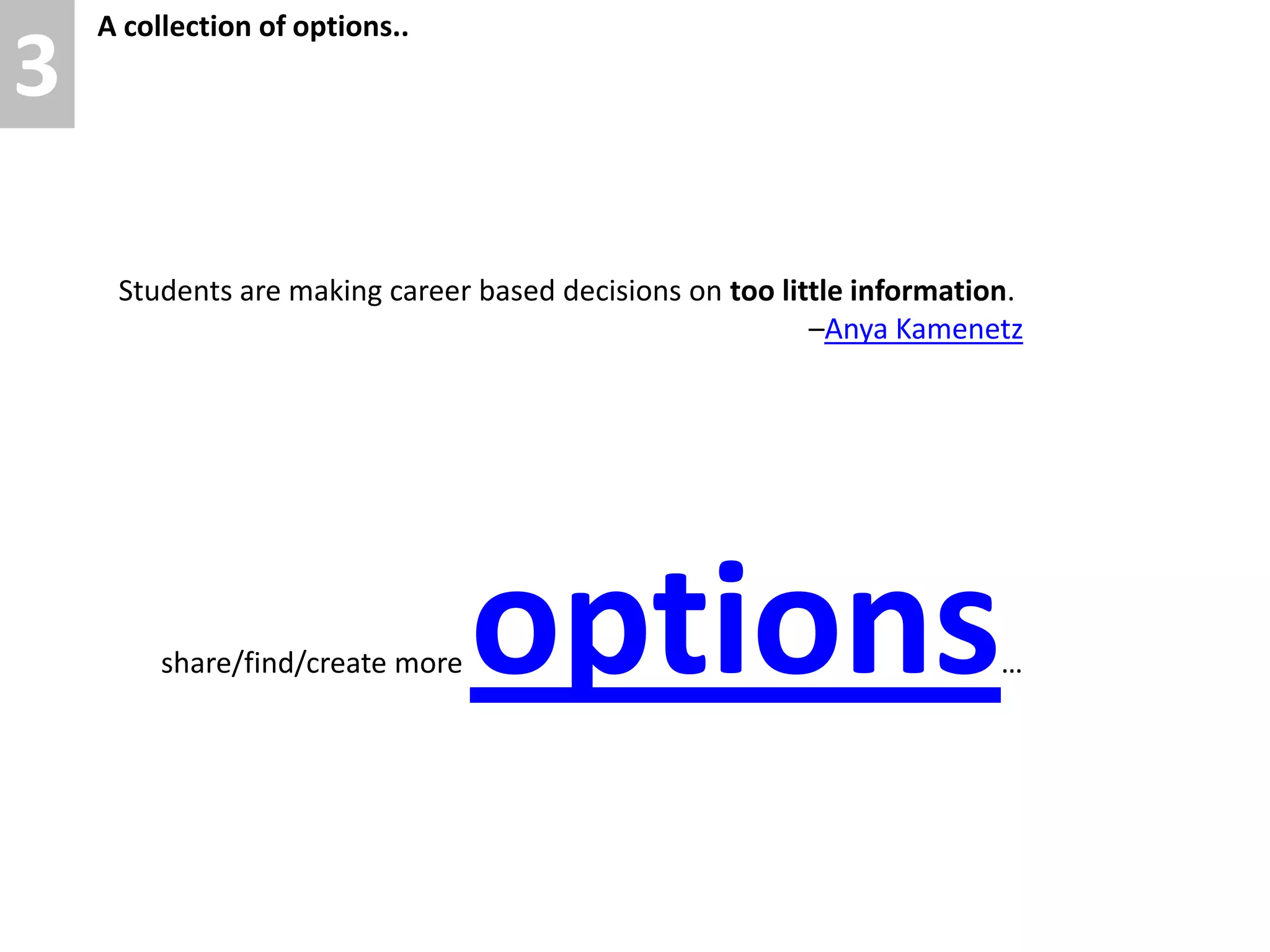 3A collection of options..Students are making career based decisions on too little information. –Anya Kamenetzshare/find/create more options…