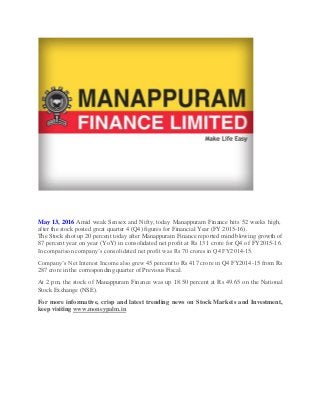May 13, 2016 Amid weak Sensex and Nifty, today Manappuram Finance hits 52 weeks high,
after the stock posted great quarter 4 (Q4) figures for Financial Year (FY 2015-16).
The Stock shot up 20 percent today after Manappuram Finance reported mind blowing growth of
87 percent year on year (YoY) in consolidated net profit at Rs 131 crore for Q4 of FY2015-16.
In comparison company’s consolidated net profit was Rs 70 crores in Q4 FY2014-15.
Company’s Net Interest Income also grew 45 percent to Rs 417 crore in Q4 FY2014-15 from Rs
287 crore in the corresponding quarter of Previous Fiscal.
At 2 pm, the stock of Manappuram Finance was up 18.50 percent at Rs 49.65 on the National
Stock Exchange (NSE).
For more informative, crisp and latest trending news on Stock Markets and Investment,
keep visiting www.moneypalm.in
 