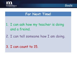Goals
For Next Time!
1. I can ask how my teacher is doing
and a freind.
2. I can tell someone how I am doing.
3. I can count to 15.
 