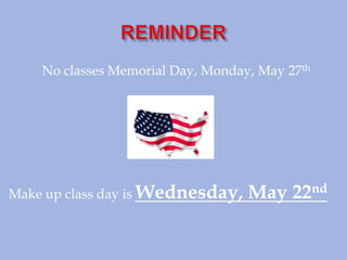 No classes Memorial Day, Monday, May 27th
Make up class day is Wednesday, May 22nd
 