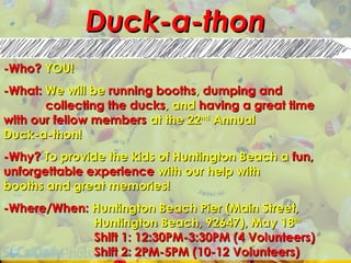 Duck-a-thonDuck-a-thon
-Who?-Who? YOU!YOU!
-What:-What: We will beWe will be running boothsrunning booths,, dumping anddumping and
collecting the duckscollecting the ducks, and, and having a great timehaving a great time
with our fellow memberswith our fellow members at the 22at the 22ndnd
AnnualAnnual
Duck-a-thon!Duck-a-thon!
-Why?-Why? ToTo provide the kids of Huntington Beach aprovide the kids of Huntington Beach a fun,fun,
unforgettable experienceunforgettable experience with our help withwith our help with
booths and great memories!booths and great memories!
-Where/When:-Where/When: Huntington Beach Pier (Main Street,Huntington Beach Pier (Main Street,
Huntington Beach, 92647), May 18Huntington Beach, 92647), May 18thth
Shift 1: 12:30PM-3:30PM (4 Volunteers)Shift 1: 12:30PM-3:30PM (4 Volunteers)
Shift 2: 2PM-5PM (10-12 Volunteers)Shift 2: 2PM-5PM (10-12 Volunteers)
 