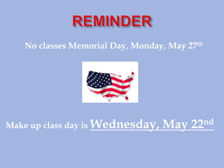 No classes Memorial Day, Monday, May 27th
Make up class day is Wednesday, May 22nd
 