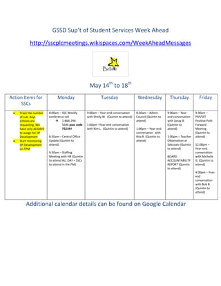 GSSD Sup’t of Student Services Week Ahead
            http://sscplcmeetings.wikispaces.com/WeekAheadMessages




                                                     May 14th to 18th
Action Items for               Monday                         Tuesday                     Wednesday             Thursday               Friday
     SSCs
     Track the number    8:00am – SSC Weekly        9:00am – Year-end conversation       8:30am – Admin.       9:00am – Year-       9:30am –
     of sub. days        conference call            with Shelly W. (Quintin to attend)   Council (Quintin to   end conversation     PSP/SST
     schools are              1-866-296-                                                attend)               with Janay B.        Positive Path
     requesting. We               5646 pass code    1:00pm –Year-end conversation                              (Quintin to          Forward
     have only 30 DAYS            752344            with Kim L. (Quintin to attend)      1:00pm – Year-end     attend)              Meeting
     to assign for IIP                                                                   conversation with                          (Quintin to
     Development         8:30am – Central Office                                         Rita R. (Quintin to   1:00pm – Teacher     attend)
     Start monitoring    Update (Quintin to                                              attend)               Observation at
     IIP Development     attend)                                                                               Saltcoats (Quintin   12:00pm –
     on TPM                                                                                                    to attend)           Year-end
                         9:30am – Staffing                                                                                          conversation
                         Meeting with HR (Quintin                                                              BOARD                with Michelle
                         to attend ALL DAY – SSCs                                                              ACCOUNTABILITY       G. (Quintin to
                         to attend in the PM)                                                                  REPORT (Quintin      attend)
                                                                                                               to attend)
                                                                                                                                    4:00pm – Year-
                                                                                                                                    end
                                                                                                                                    conversation
                                                                                                                                    with Bob B.
                                                                                                                                    (Quintin to
                                                                                                                                    attend)


         Additional calendar details can be found on Google Calendar
 