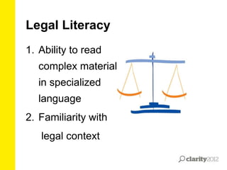 Legal Literacy
1. Ability to read
complex material
in specialized
language

2. Familiarity with
legal context

 