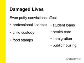Damaged Lives
Even petty convictions affect
• professional licenses • student loans
• child custody

• health care

• food stamps

• immigration
• public housing

 
