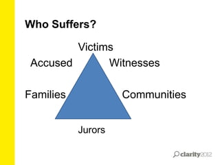 Who Suffers?
Victims
Accused
Witnesses
Families

Communities
Jurors

 