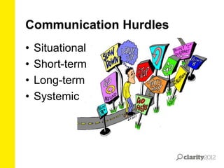 Communication Hurdles
•
•
•
•

Situational
Short-term
Long-term
Systemic

 