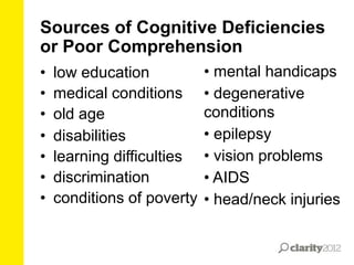 Sources of Cognitive Deficiencies
or Poor Comprehension
•
•
•
•
•
•
•

low education
medical conditions
old age
disabilities
learning difficulties
discrimination
conditions of poverty

• mental handicaps
• degenerative
conditions
• epilepsy
• vision problems
• AIDS
• head/neck injuries

 