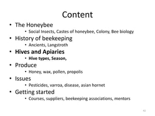 Content
• The Honeybee
• Social Insects, Castes of honeybee, Colony, Bee biology
• History of beekeeping
• Ancients, Langstroth
• Hives and Apiaries
• Hive types, Season,
• Produce
• Honey, wax, pollen, propolis
• Issues
• Pesticides, varroa, disease, asian hornet
• Getting started
• Courses, suppliers, beekeeping associations, mentors
42
 