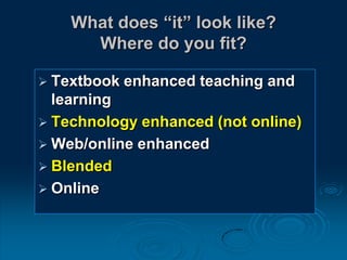 What does “it” look like?
Where do you fit?
 Textbook enhanced teaching and
learning
 Technology enhanced (not online)
 Web/online enhanced
 Blended
 Online
 