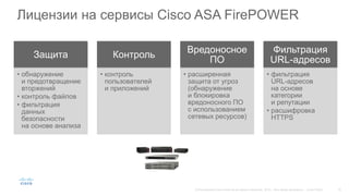 Лицензии на сервисы Cisco ASA FirePOWER
Защита
• обнаружение
и предотвращение
вторжений
• контроль файлов
• фильтрация
данных
безопасности
на основе анализа
Контроль
• контроль
пользователей
и приложений
Вредоносное
ПО
• расширенная
защита от угроз
(обнаружение
и блокировка
вредоносного ПО
с использованием
сетевых ресурсов)
Фильтрация
URL-адресов
• фильтрация
URL-адресов
на основе
категории
и репутации
• расшифровка
HTTPS
 
