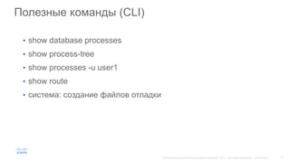 Полезные команды (CLI)
• show database processes
• show process-tree
• show processes -u user1
• show route
• система: создание файлов отладки
 