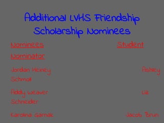 Additional LVHS Friendship
Scholarship Nominees
Nominees Student
Nominator
Jordan Heiney Ashley
Schmoll
Addy Weaver Liz
Schneider
Karolina Garnak Jacob Brun
 