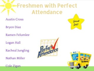 Freshmen with Perfect
Attendance
Austin Cross
Bryen Diaz
Ramen Felumlee
Logan Hall
Racheal Jungling
Nathan Miller
Cole Zigan
 