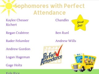 Sophomores with Perfect
Attendance
Kaylee Chesser Chandler
Richert
Regan Crabtree Ben Runkel
Rader Felumlee Andrew Wills
Andrew Gordon
Logan Hageman
Gage Holtz
 