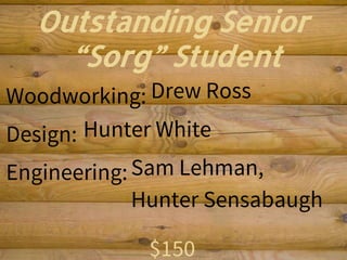 Outstanding Senior
“Sorg” Student
Woodworking:
Design:
Engineering:
$150
Drew Ross
Hunter White
Sam Lehman,
Hunter Sensabaugh
 