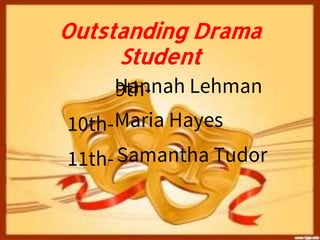 Outstanding Drama
Student
9th-
10th-
11th-
Hannah Lehman
Maria Hayes
Samantha Tudor
 