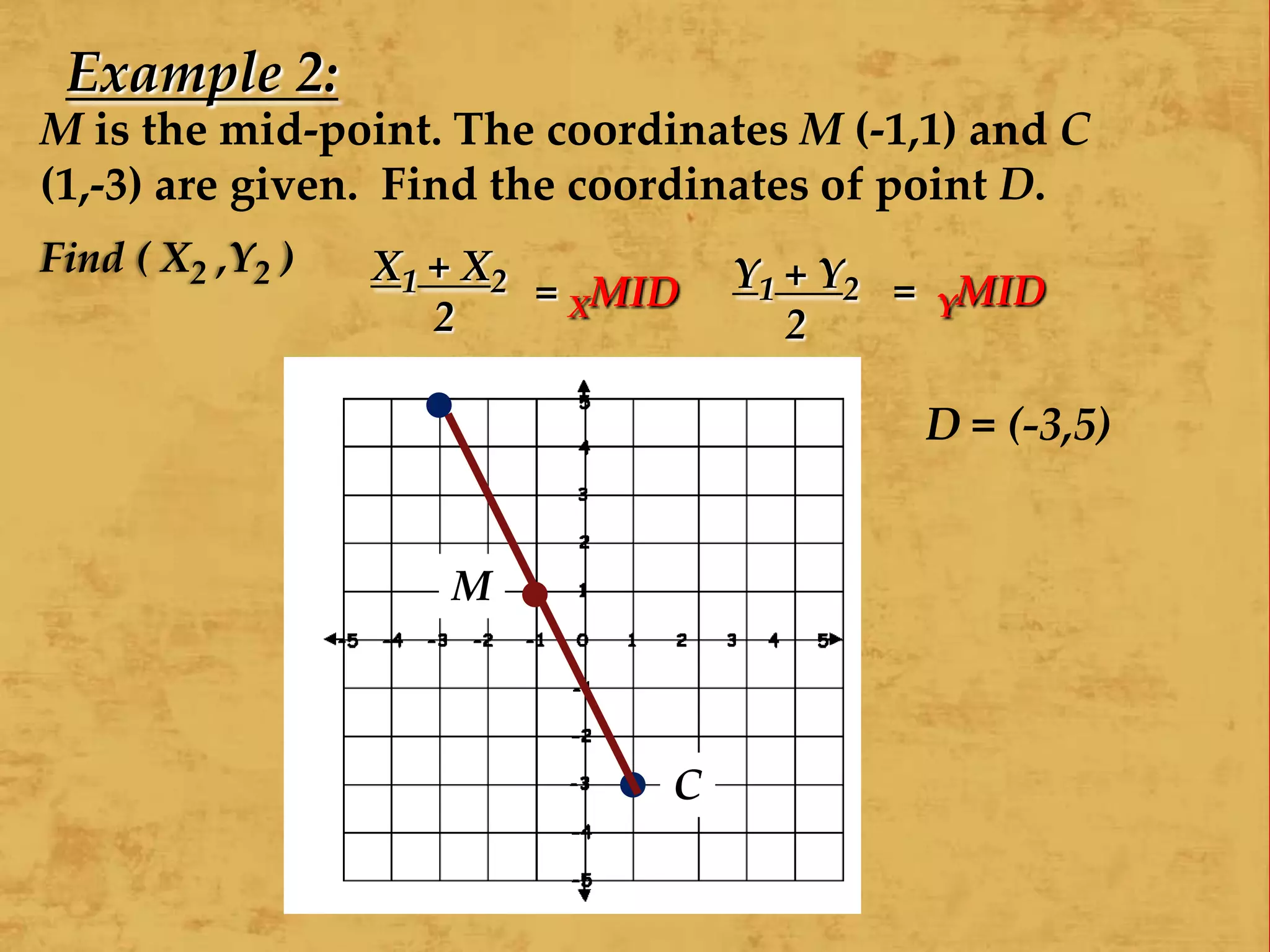 Example 2:
M is the mid-point. The coordinates M (-1,1) and C
(1,-3) are given. Find the coordinates of point D.
Find ( X2 ,Y2 ) X1 + X2
2
= XMID Y1 + Y2
2
= YMID
M
C
D = (-3,5)
 