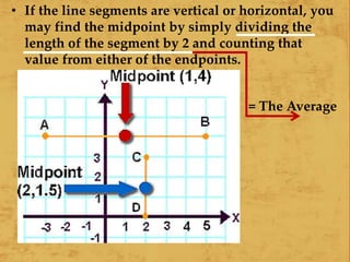 • If the line segments are vertical or horizontal, you
may find the midpoint by simply dividing the
length of the segment by 2 and counting that
value from either of the endpoints.
= The Average
 