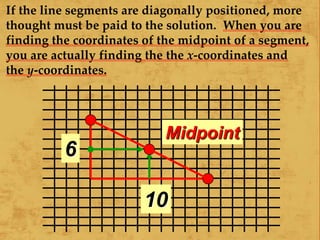 6
10
Midpoint
If the line segments are diagonally positioned, more
thought must be paid to the solution. When you are
finding the coordinates of the midpoint of a segment,
you are actually finding the the x-coordinates and
the y-coordinates.
 