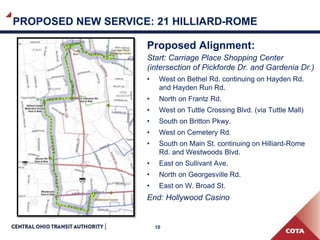 10
PROPOSED NEW SERVICE: 21 HILLIARD-ROME
Proposed Alignment:
Start: Carriage Place Shopping Center
(intersection of Pickforde Dr. and Gardenia Dr.)
• West on Bethel Rd. continuing on Hayden Rd.
and Hayden Run Rd.
• North on Frantz Rd.
• West on Tuttle Crossing Blvd. (via Tuttle Mall)
• South on Britton Pkwy.
• West on Cemetery Rd.
• South on Main St. continuing on Hilliard-Rome
Rd. and Westwoods Blvd.
• East on Sullivant Ave.
• North on Georgesville Rd.
• East on W. Broad St.
End: Hollywood Casino
 