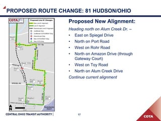 17
PROPOSED ROUTE CHANGE: 81 HUDSON/OHIO
Proposed New Alignment:
Heading north on Alum Creek Dr. –
• East on Spiegel Drive
• North on Port Road
• West on Rohr Road
• North on Amazon Drive (through
Gateway Court)
• West on Toy Road
• North on Alum Creek Drive
Continue current alignment
 