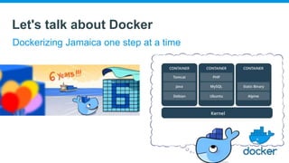 Let's talk about Docker
Dockerizing Jamaica one step at a time
 
