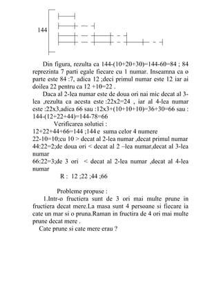 144




    Din figura, rezulta ca 144-(10+20+30)=144-60=84 ; 84
reprezinta 7 parti egale fiecare cu 1 numar. Inseamna ca o
parte este 84 :7, adica 12 ;deci primul numar este 12 iar ai
doilea 22 pentru ca 12 +10=22 .
    Daca al 2-lea numar este de doua ori nai mic decat al 3-
lea ,rezulta ca acesta este :22x2=24 , iar al 4-lea numar
este :22x3,adica 66 sau :12x3+(10+10+10)=36+30=66 sau :
144-(12+22+44)=144-78=66
        Verificarea solutiei :
12+22+44+66=144 ;144 e suma celor 4 numere
22-10=10;cu 10 > decat al 2-lea numar ,decat primul numar
44:22=2;de doua ori < decat al 2 –lea numar,decat al 3-lea
numar
66:22=3;de 3 ori < decat al 2-lea numar ,decat al 4-lea
numar
           R : 12 ;22 ;44 ;66

          Probleme propuse :
    1.Intr-o fructiera sunt de 3 ori mai multe prune in
fructiera decat mere.La masa sunt 4 persoane si fiecare ia
cate un mar si o pruna.Raman in fructira de 4 ori mai multe
prune decat mere .
   Cate prune si cate mere erau ?
 